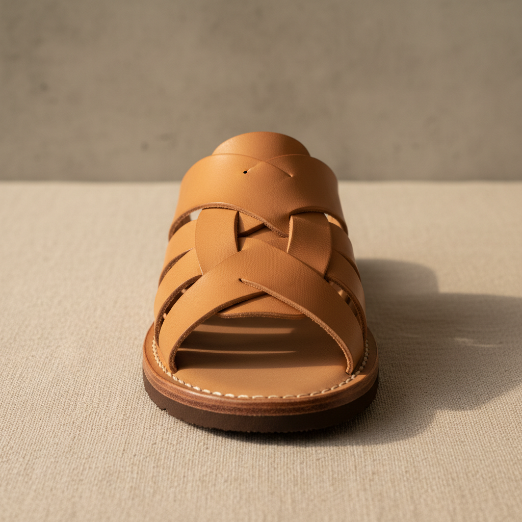 Woven leather sandals on sand texture surface, warm daylight, luxury product photography