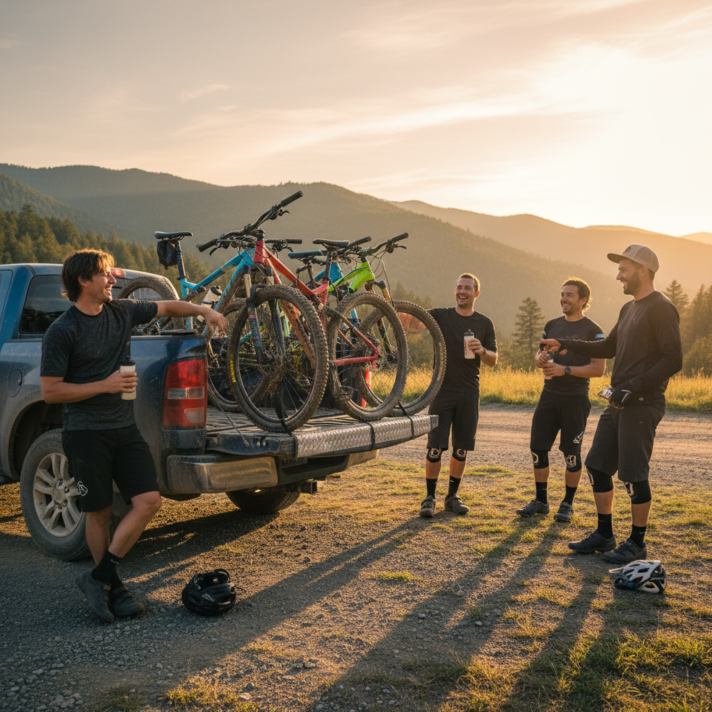 Mountain bikes racked on truck tailgate after a ride, riders gathered in late afternoon light