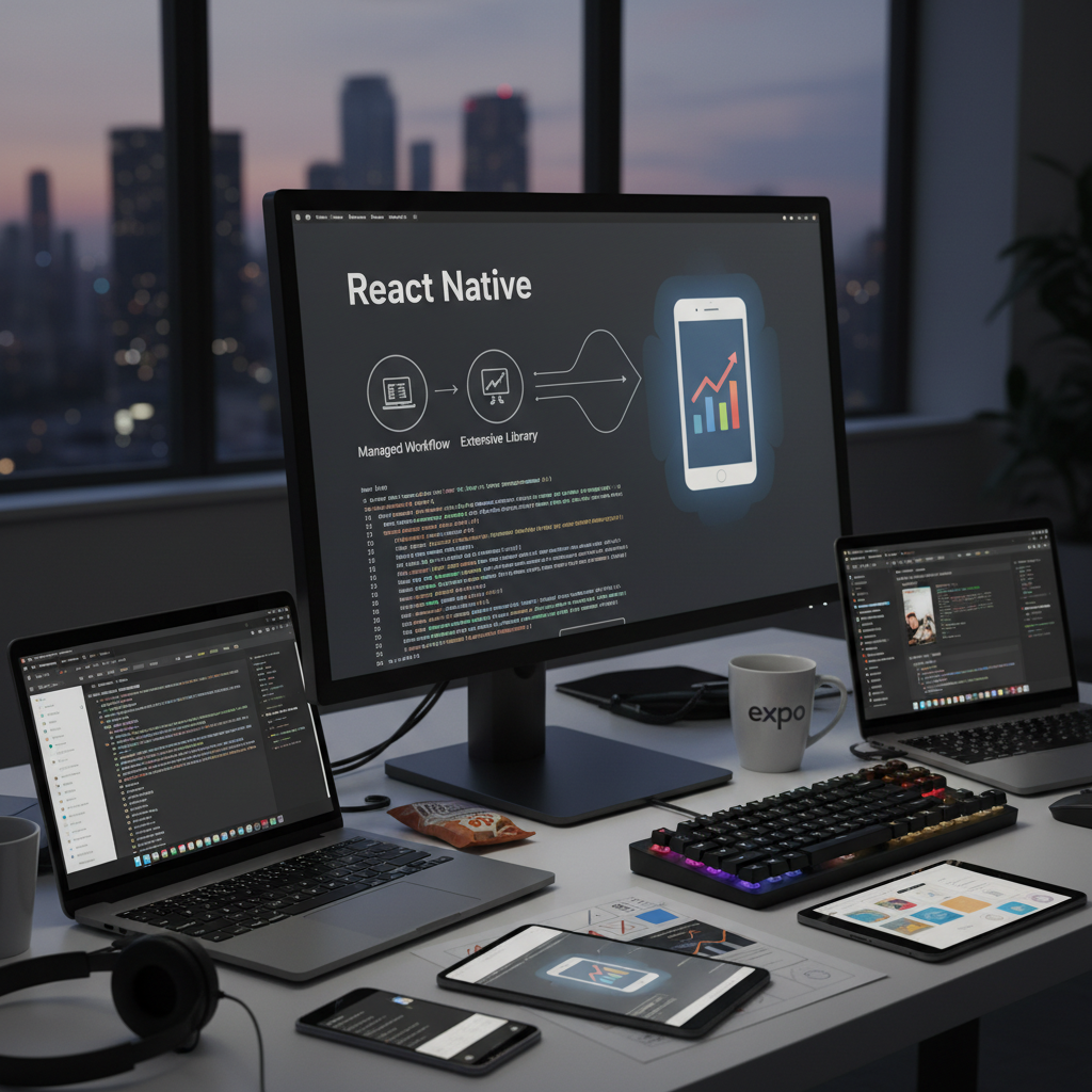 Mobile development on dark screen with code editor showing React Native components in dim office