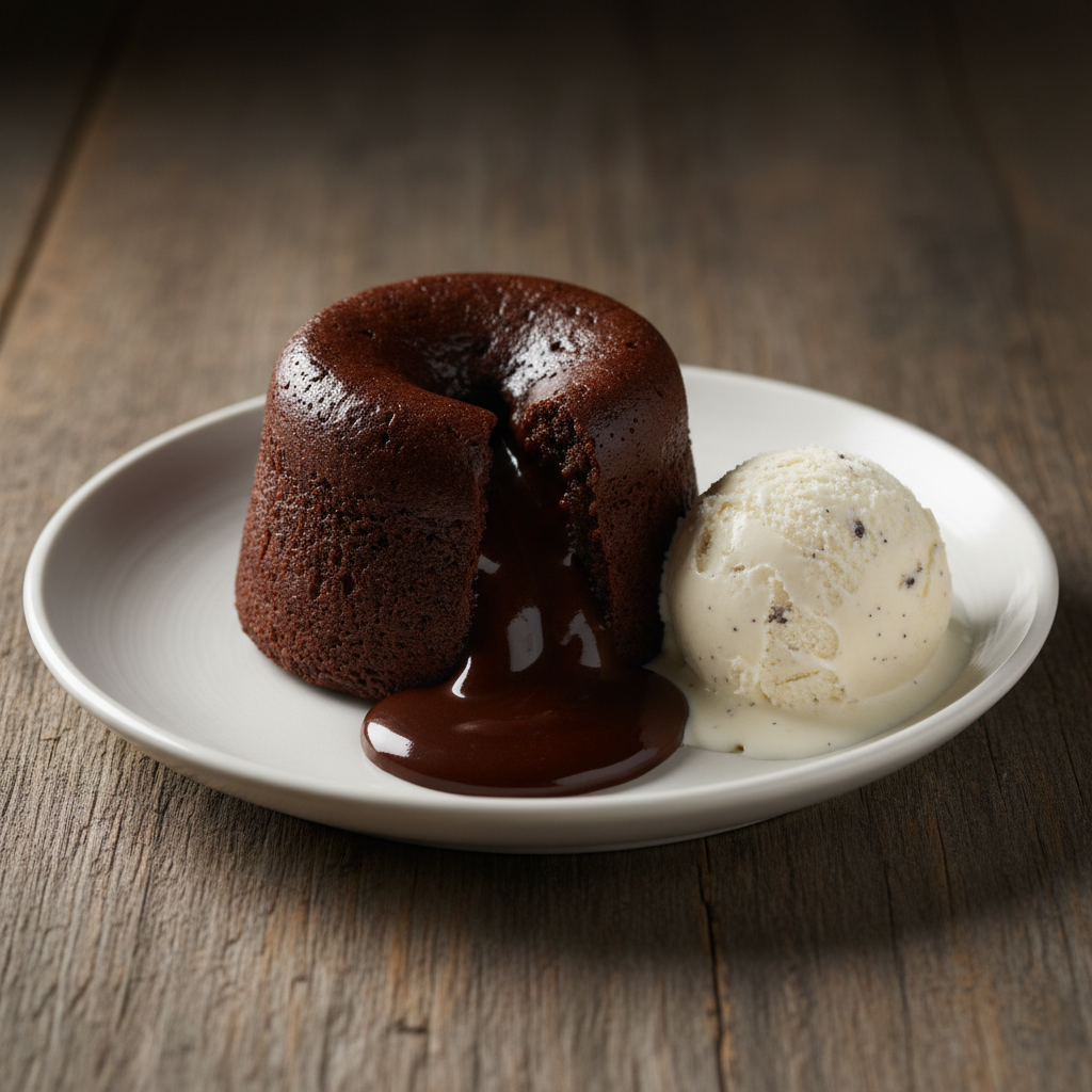 Molten chocolate lava cake with vanilla ice cream melting on dark plate, warm dramatic lighting