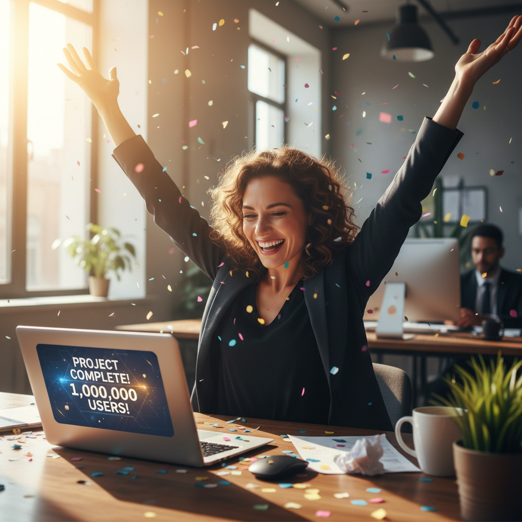 Business professional celebrating a successful sale at desk with laptop, bright modern office, confident expression