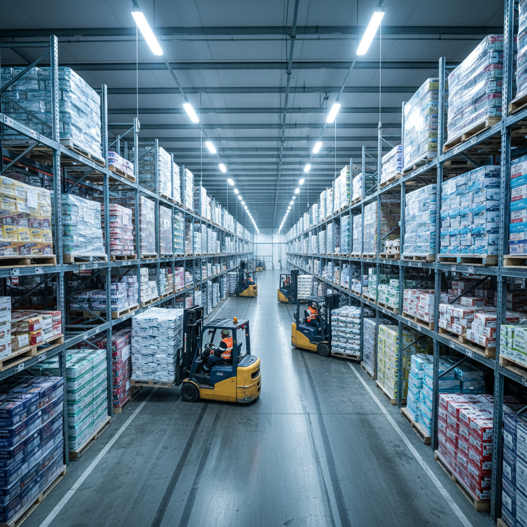 Large warehouse facility with frozen food pallets and forklift equipment