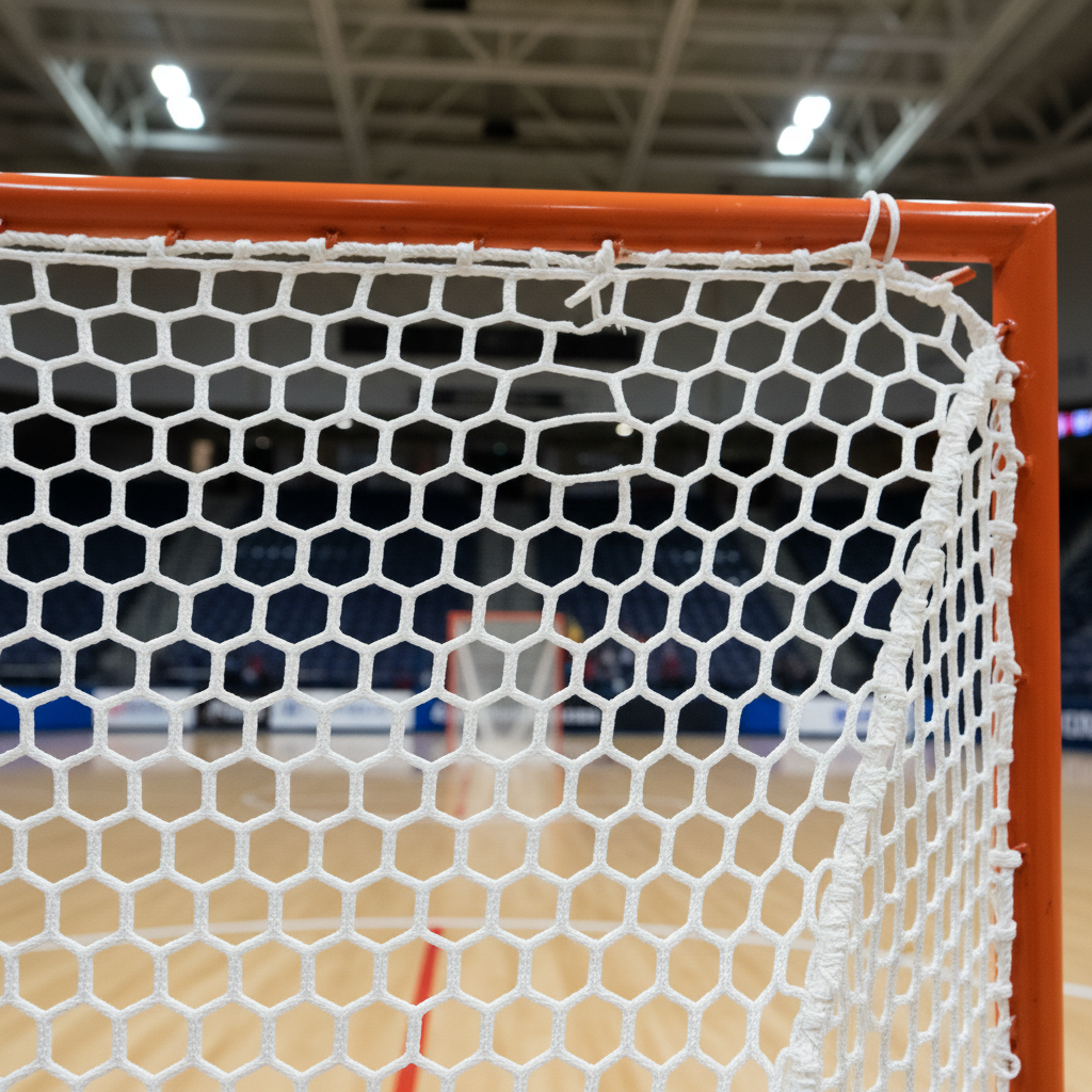 Close-up of lacrosse cage netting and goals inside indoor arena