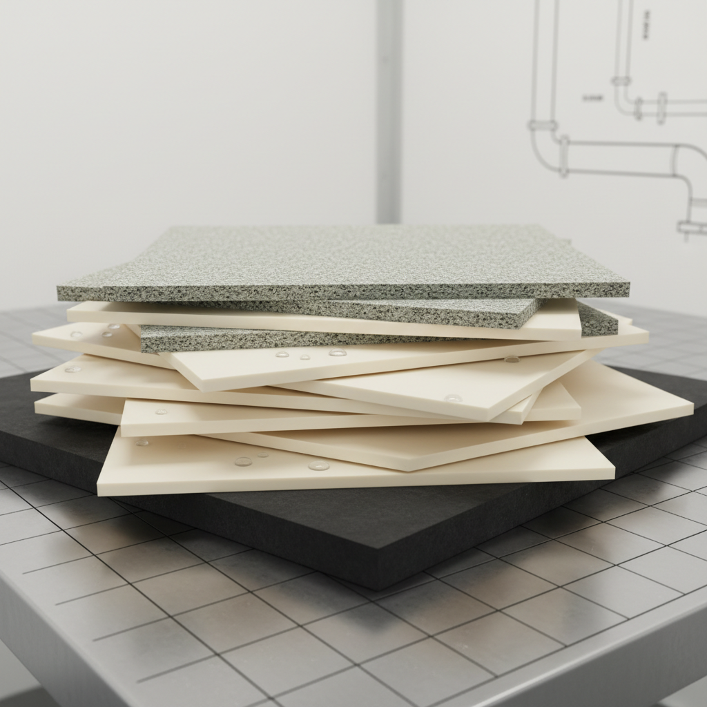 Stack of industrial gasket sheet materials — nitrile, PTFE, and compressed fiber sheets on inspection table