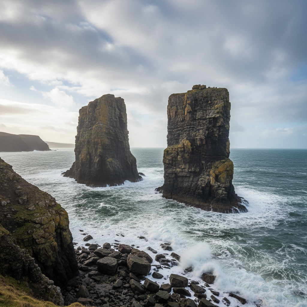 Duncansby Stacks sea stacks rising from the North Sea off the northeastern tip of Scotland