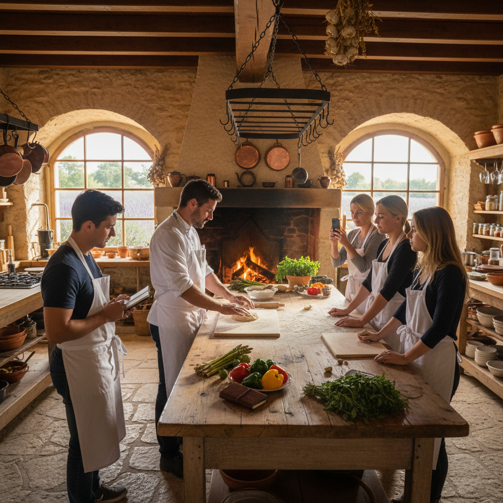 French cooking class in farmhouse kitchen, warm light, fresh vegetables, instructor demonstrating technique