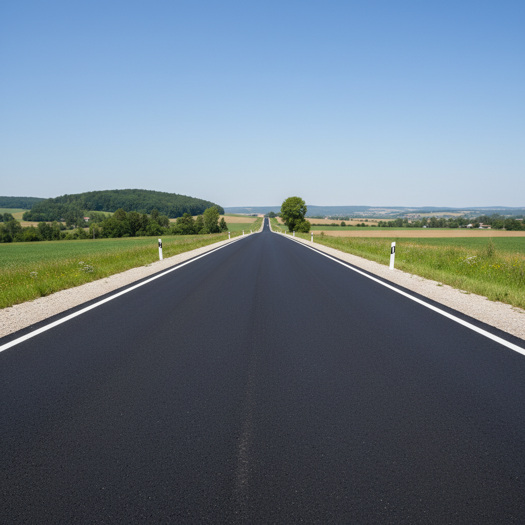 Newly paved smooth asphalt road surface with clean edge lines