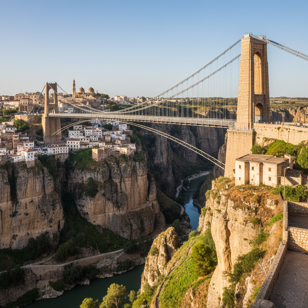 Pont suspendu de Constantine avec les gorges du Rhumel et la médina en arrière-plan