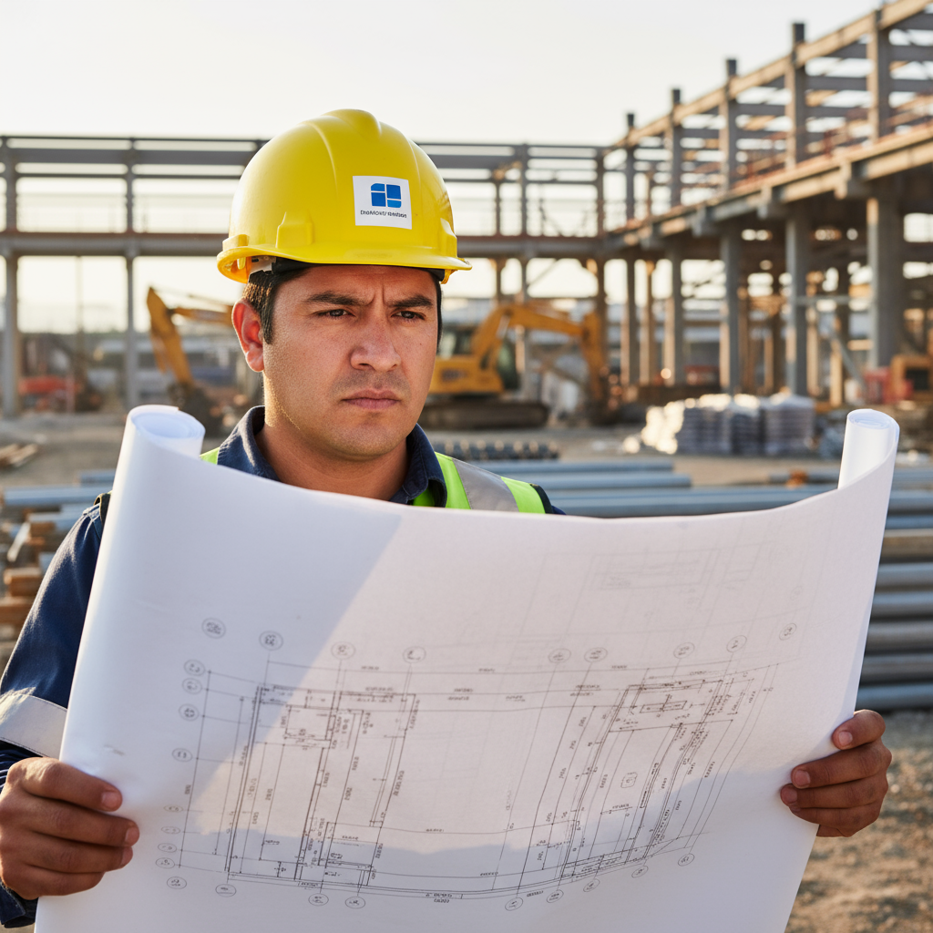 Industrial engineer in hard hat reviewing manufacturing blueprints in modern factory facility