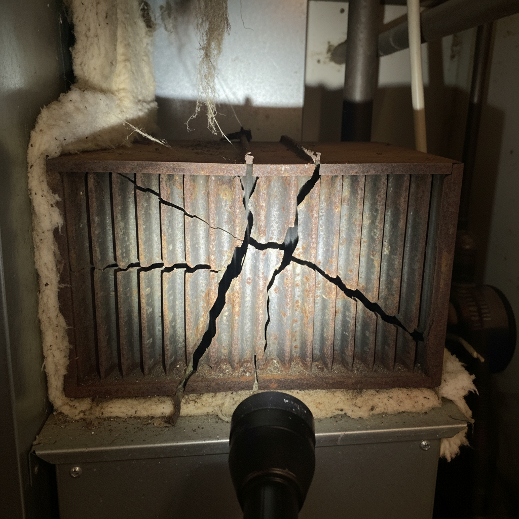 Cracked furnace heat exchanger showing structural failure requiring immediate replacement