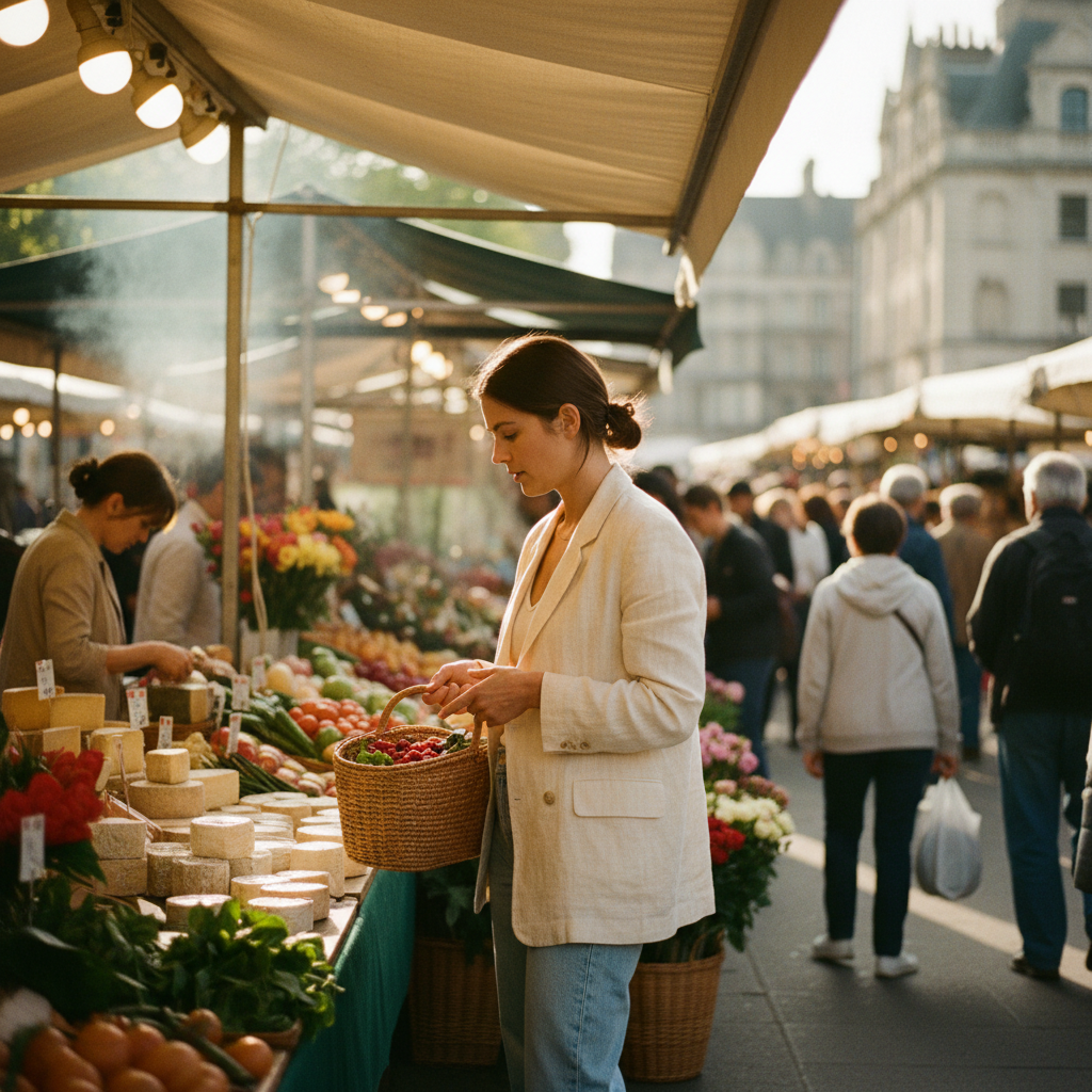 Woman in cream linen blazer at a morning market, the piece from Curate's Morning Market capsule