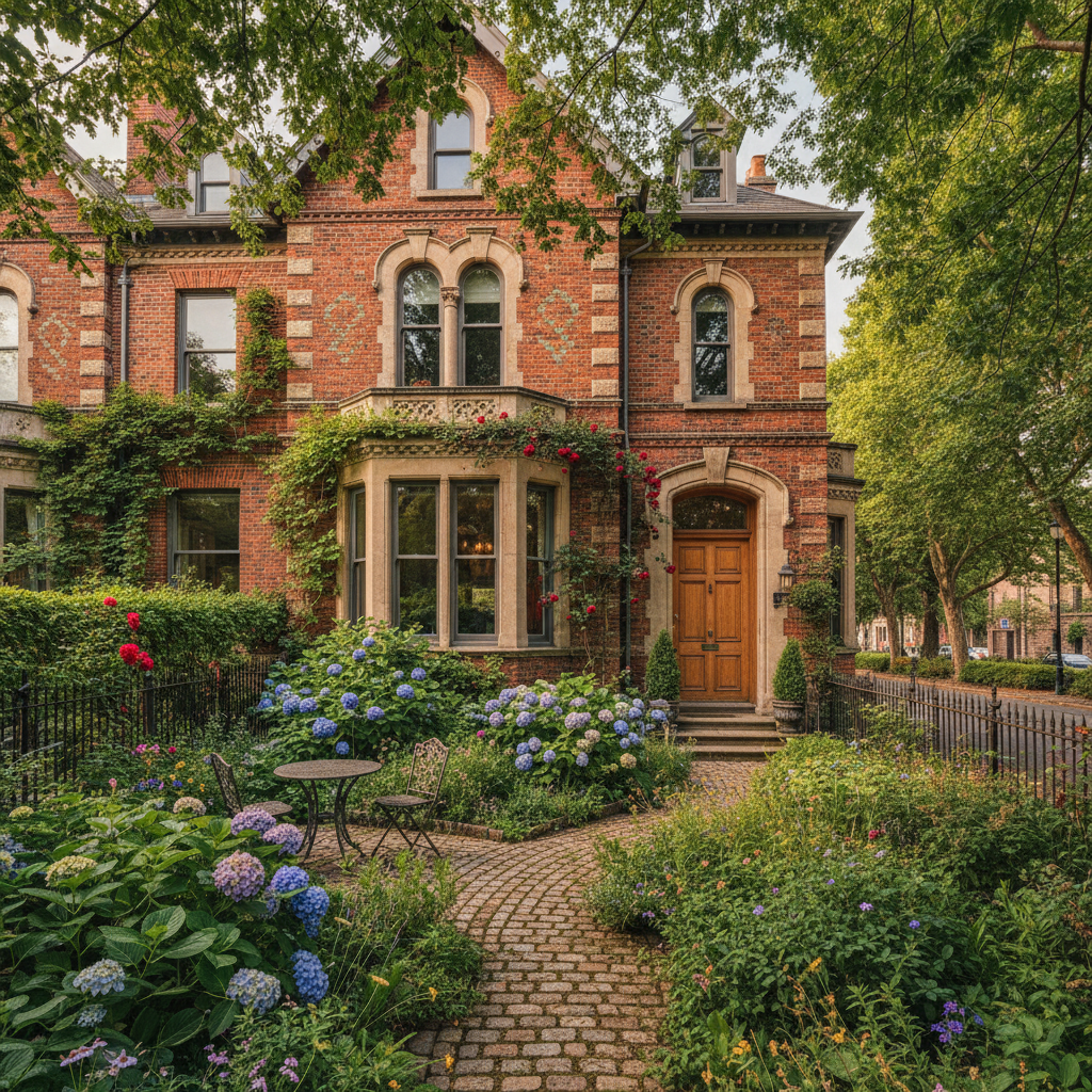 Classic Georgetown townhouse with brick facade, lush garden, historic architecture, bright daytime