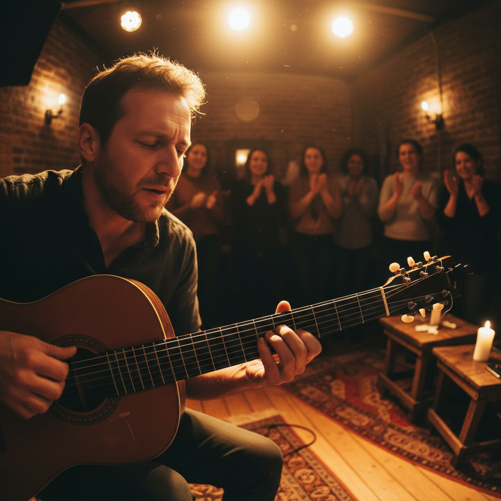Intimate acoustic concert with warm amber stage lighting, singer with guitar, emotional atmosphere