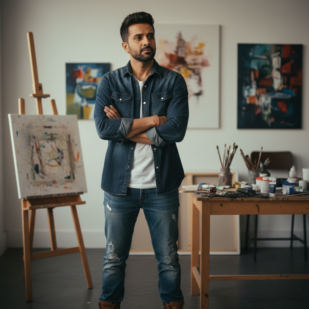 Young Indian man artist in casual shirt, creative studio background