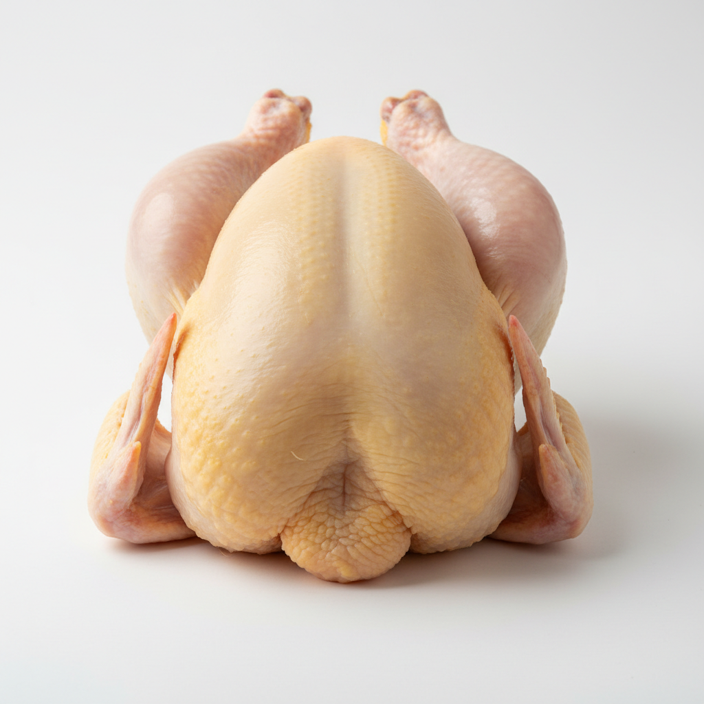 Dressed whole chicken ready for cooking, clean white background, farm fresh poultry