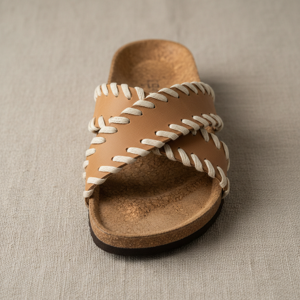Aegean Slide sole view showing cork footbed and artisan stitching detail