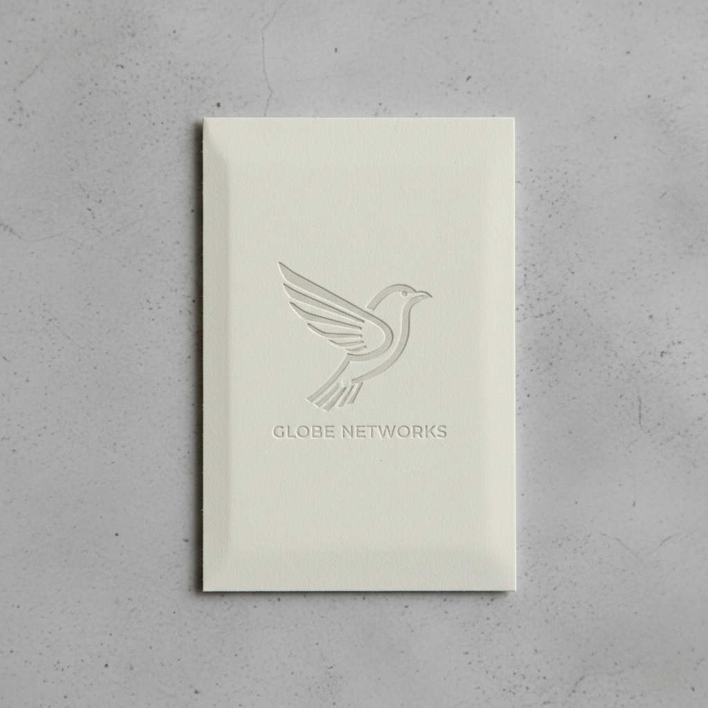 SIM card sleeve with embossed carrier logo on matte uncoated stock, close-up editorial shot