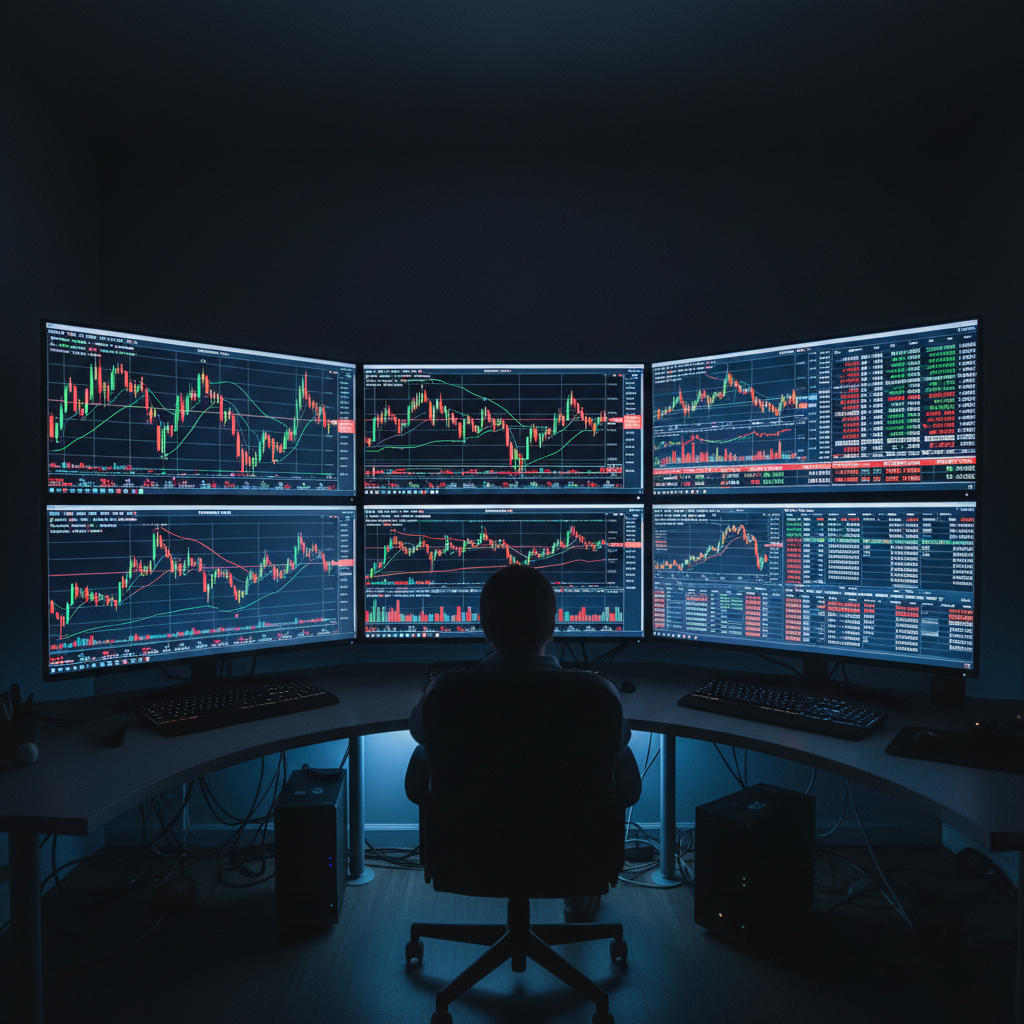 Financial trading screens showing stock market data and charts in professional trading environment