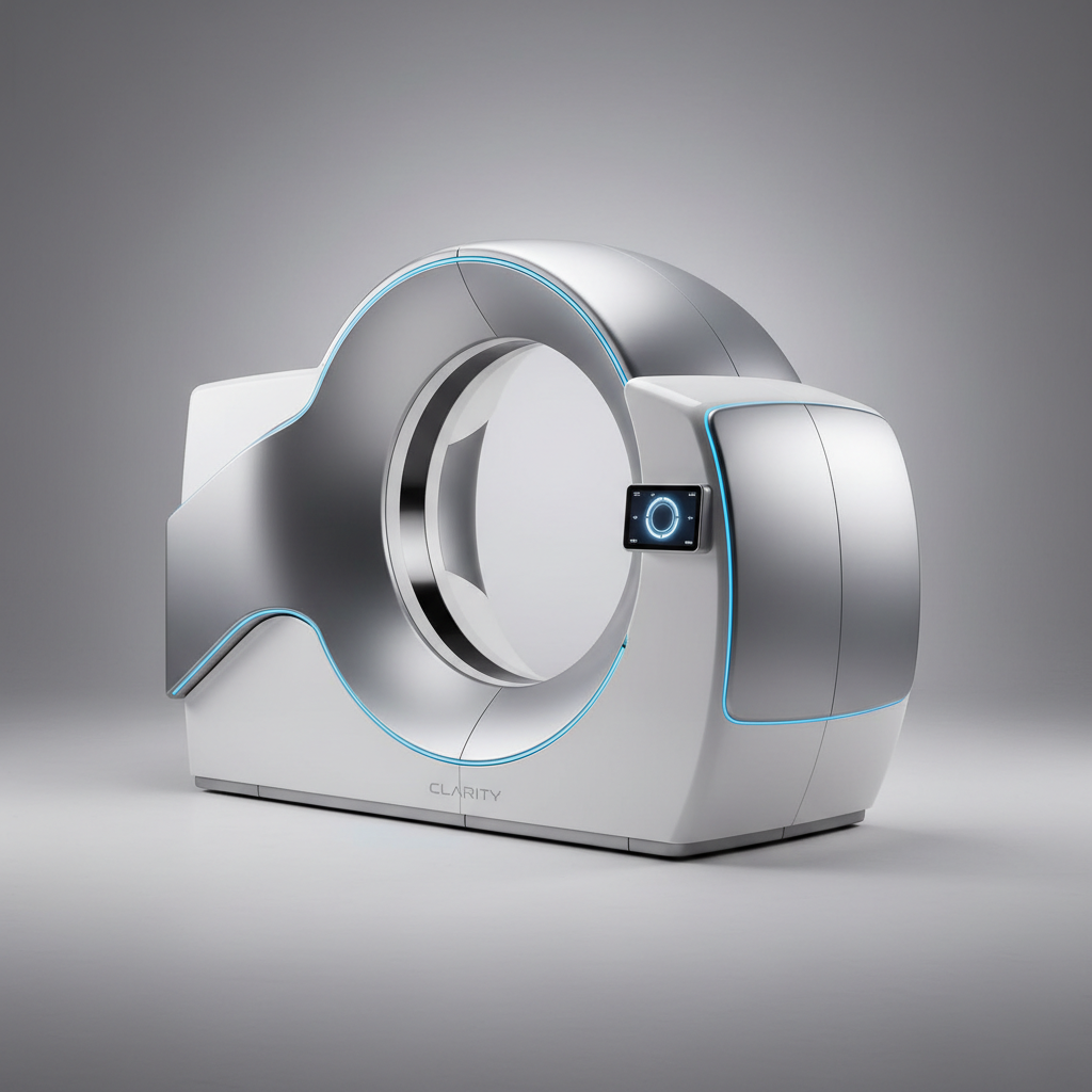 Clarity precision imaging device, studio-lit three-quarter angle showing gantry curvature