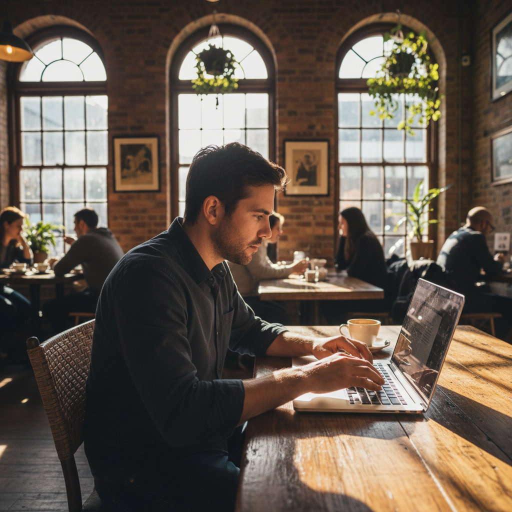 Man working on laptop in a sunlit café in Lisbon, Portugal