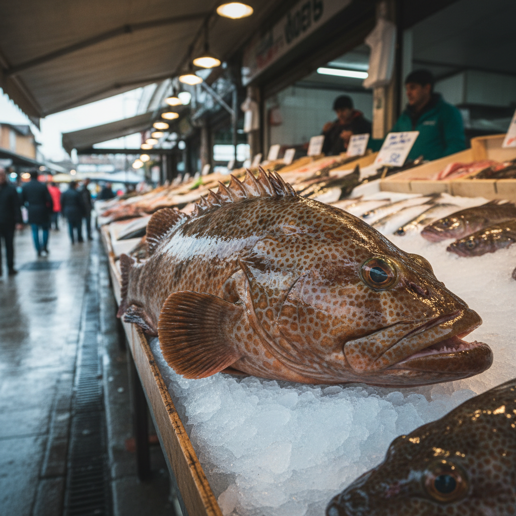 Fresh whole grouper fish with mottled brown and white spotted skin