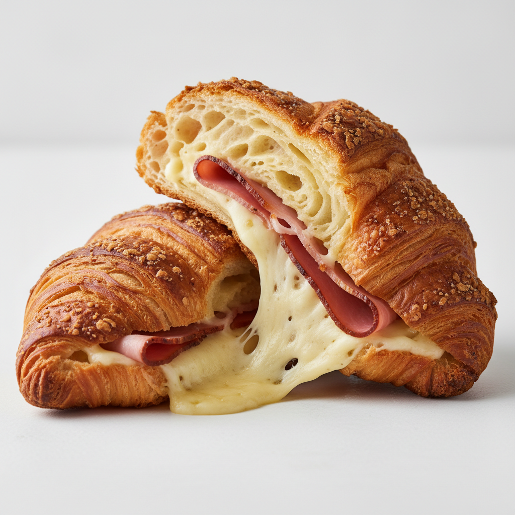 Ham and cheese croissant cut in half showing filling, appetizing presentation