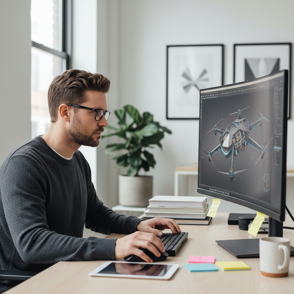 Tyler Brandtner, product design lead working at computer with 3D model