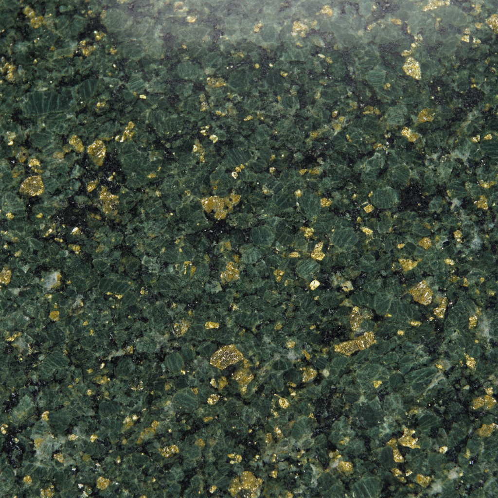 Verde Ubatuba dark green granite with gold flecks showing thermal brushed surface texture