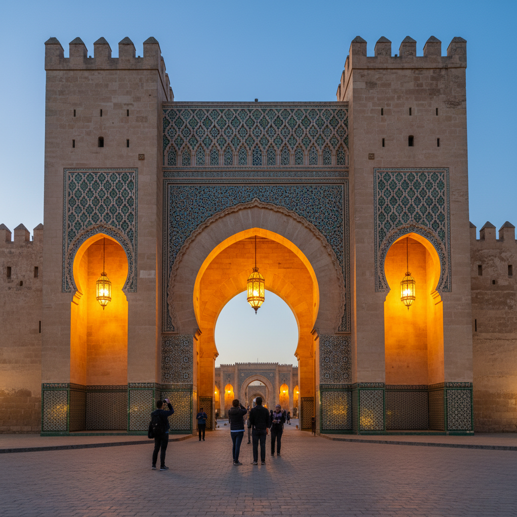Meknes Bab Mansour gate and historic imperial city walls in Morocco