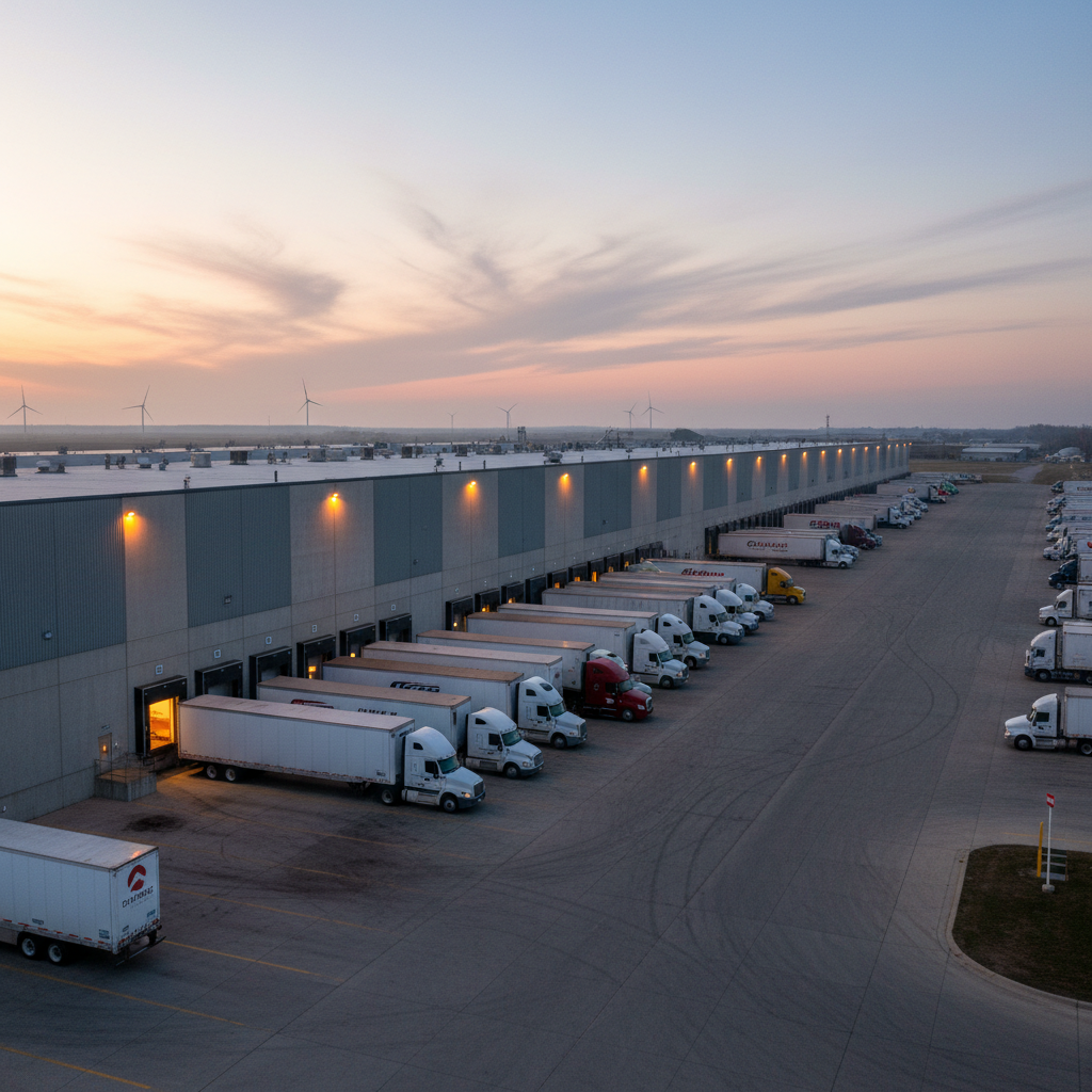 Large distribution center at dusk, warm interior light spilling from dock doors, trucks lined at loading bays against a wide Iowa sky