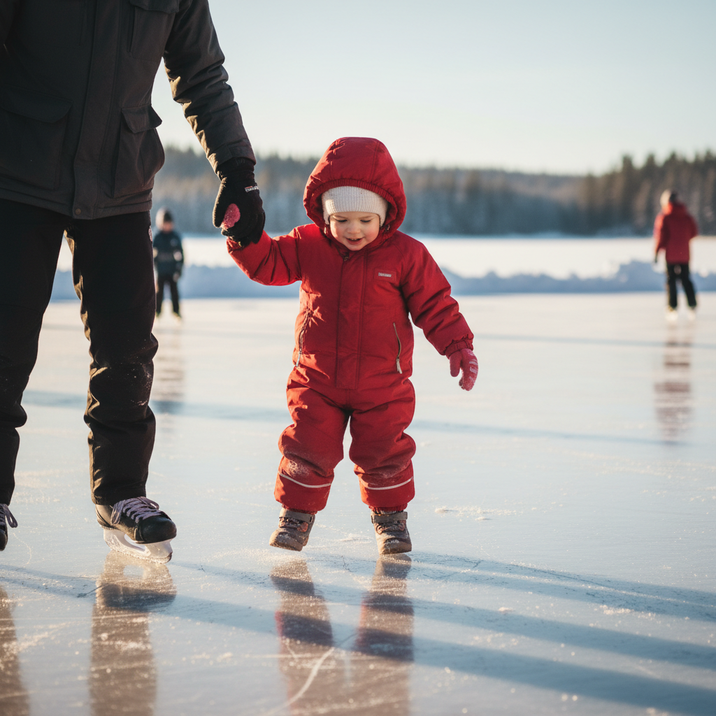 Young child in red snowsuit taking first steps on ice holding parent hand
