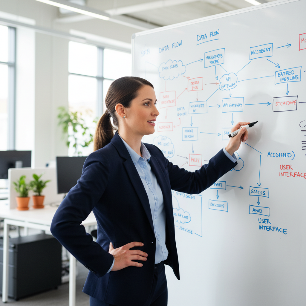 Leila Ahmadi, full-stack developer, standing at whiteboard covered in system architecture diagrams