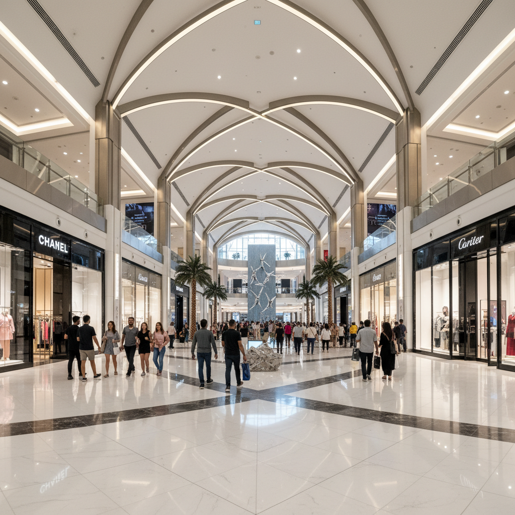 Grand interior of a modern shopping mall in Bengaluru with multiple floors, luxury shops, and shoppers
