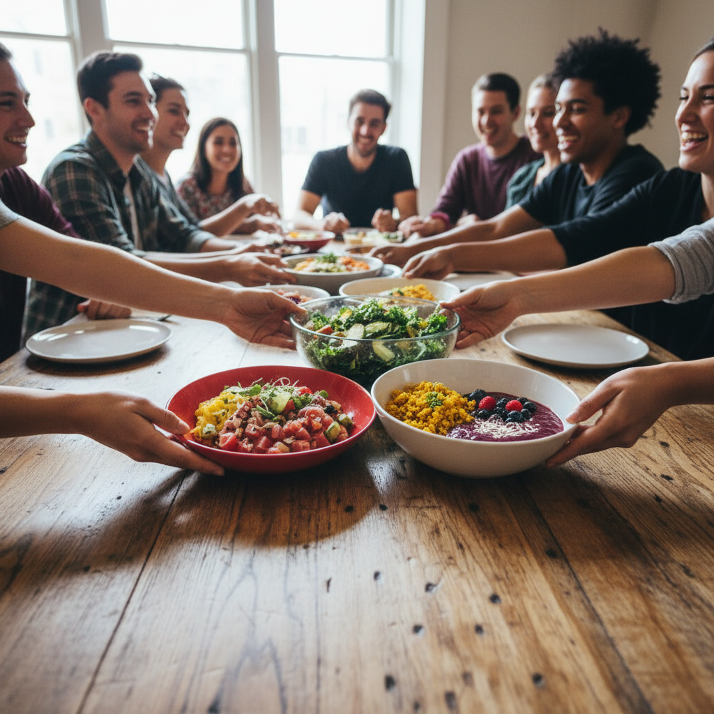 Customer hands reaching across a shared wooden table with colorful raw dishes