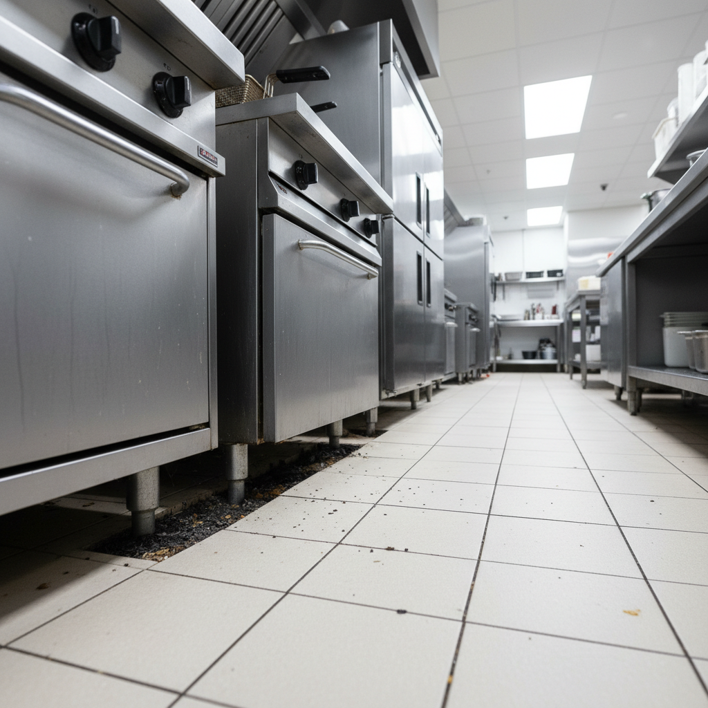 Toronto restaurant kitchen interior showing floor-level gaps near equipment — common harbourage sites for cockroaches in commercial food service