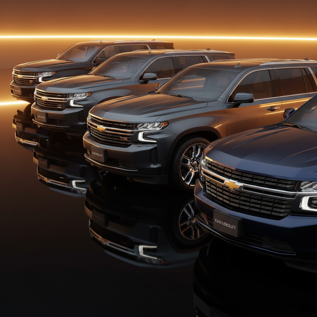Chevrolet lineup at golden hour, amber light raking across dark metallic quarter panels and chrome badges