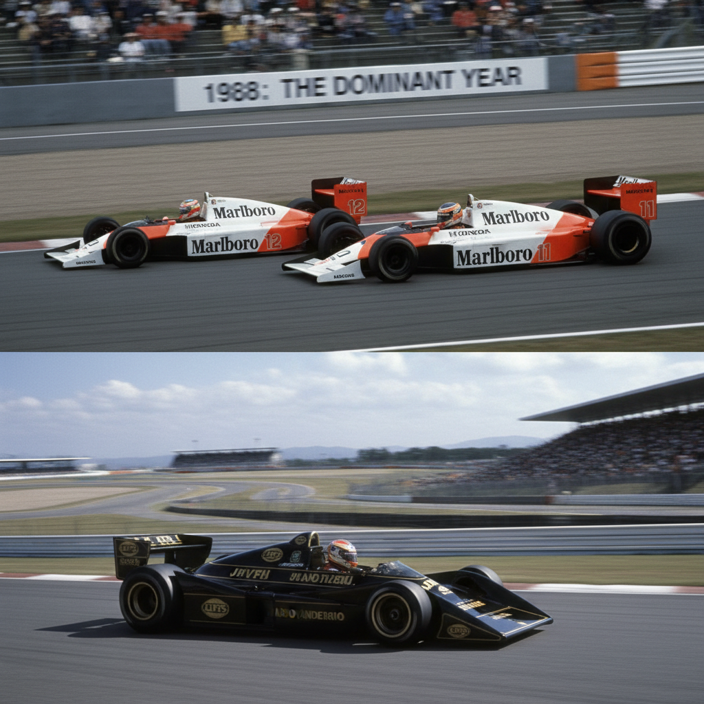 McLaren MP4/4 1988 Formula 1 car — Senna Prost Honda turbo era, ground effect Lotus 79, most dominant season in F1 history