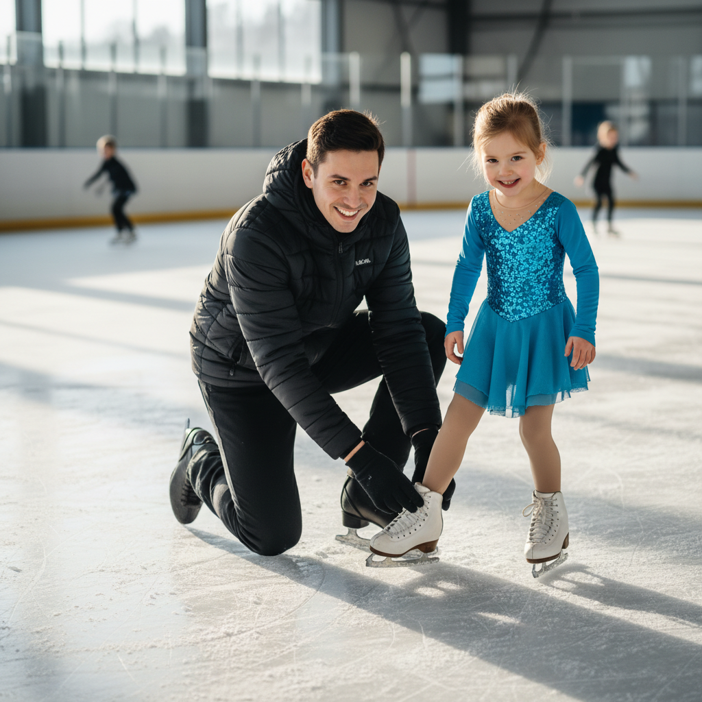 Male skating coach kneeling on ice to help a young skater with foot position, warm smile