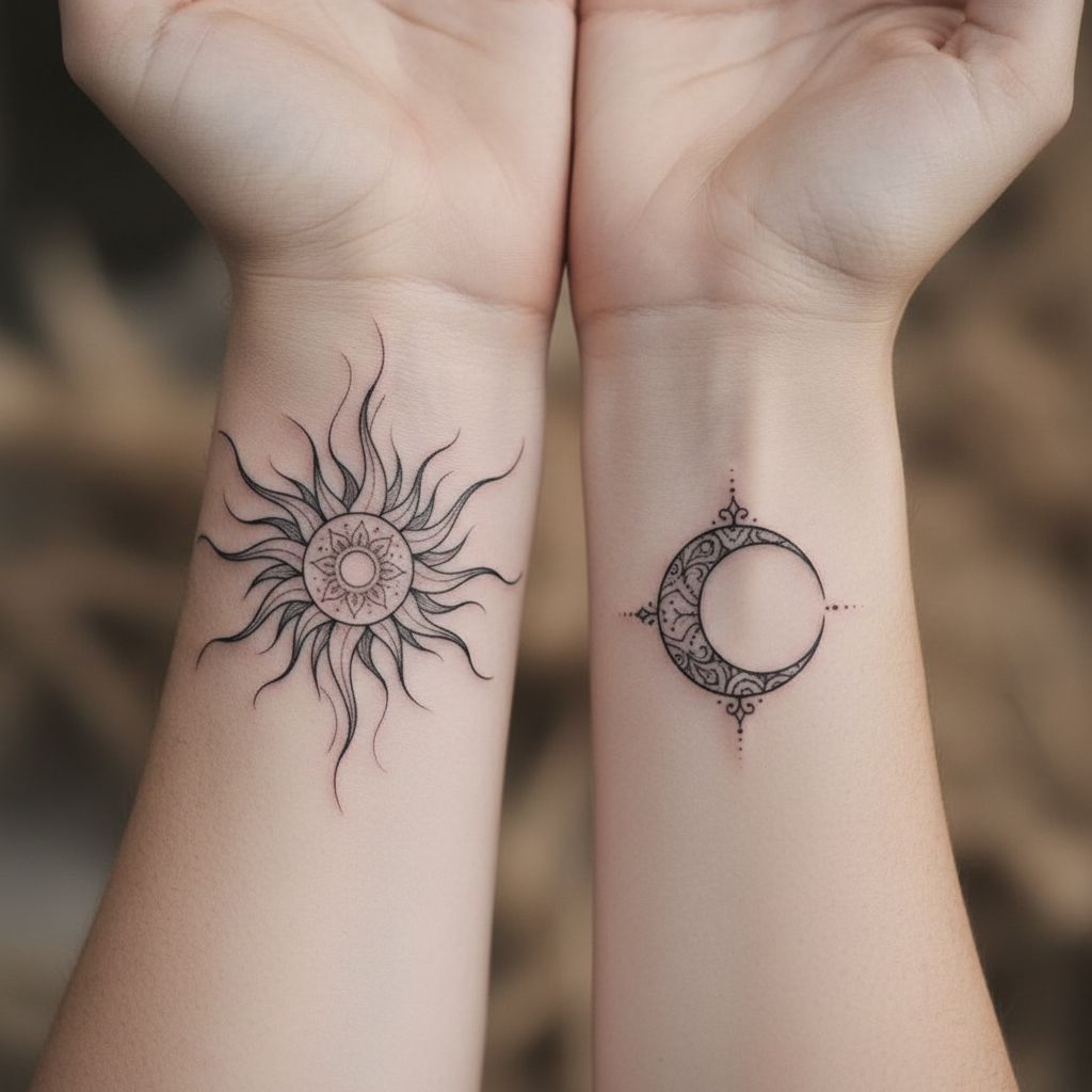 Fine-line sun tattoo matching the moon piece, wrist placement