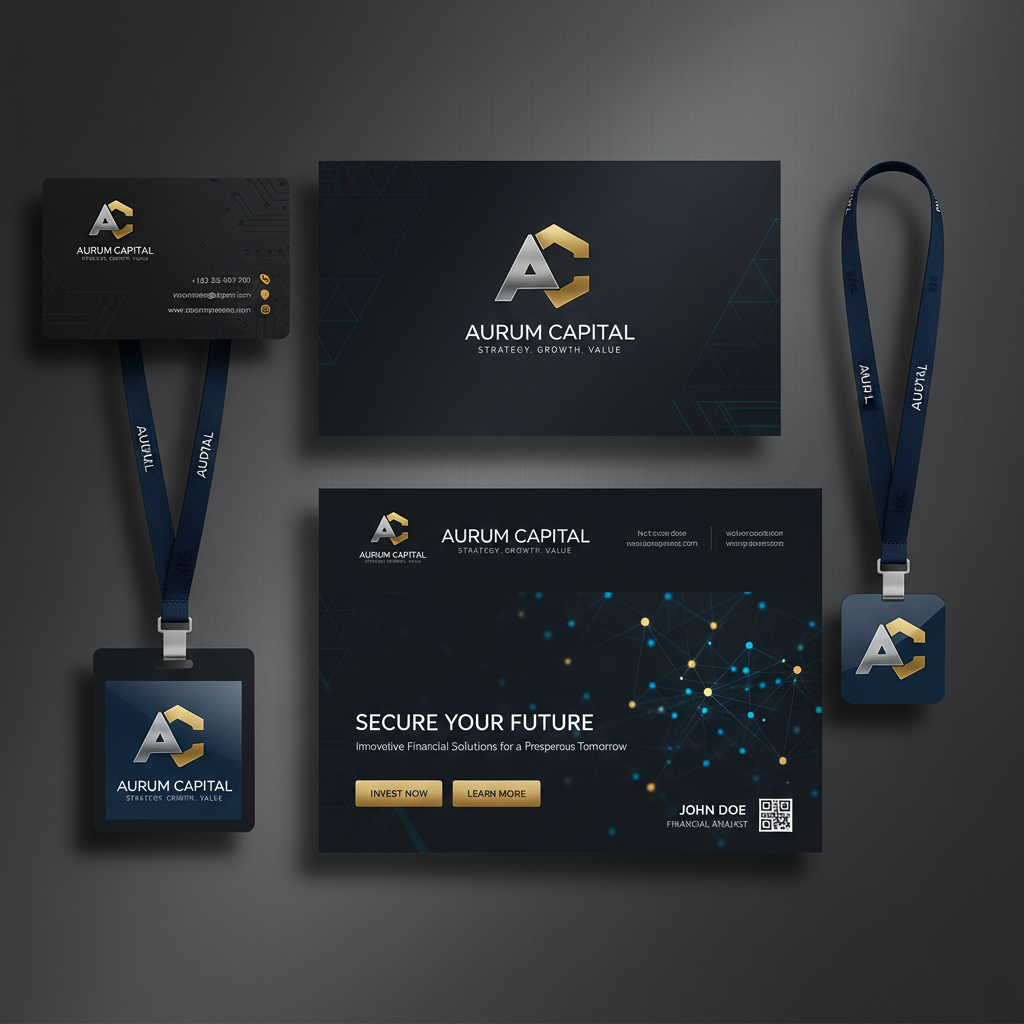 Financial brand identity system with clean geometric forms on dark background, deep shadows
