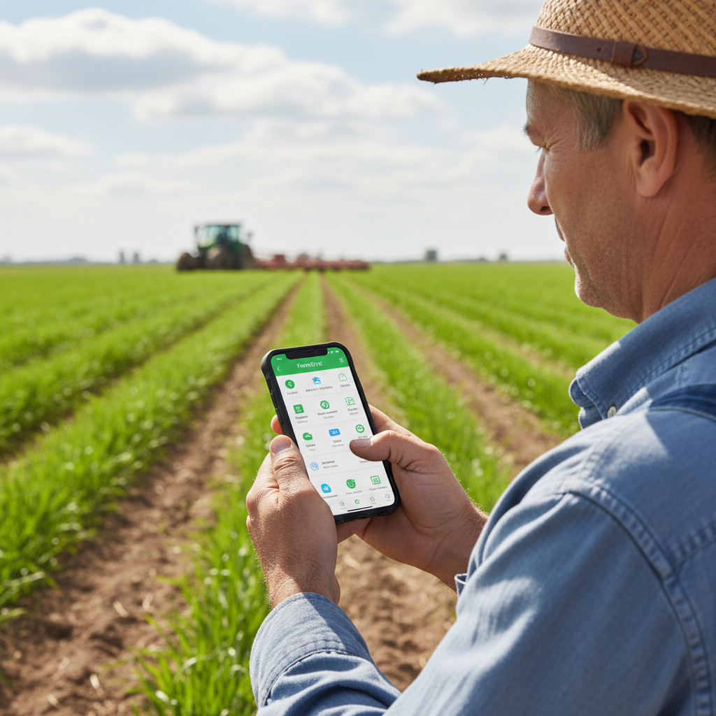Mobile Apps for Farm Management course cover — agricultural field with green crops in daylight