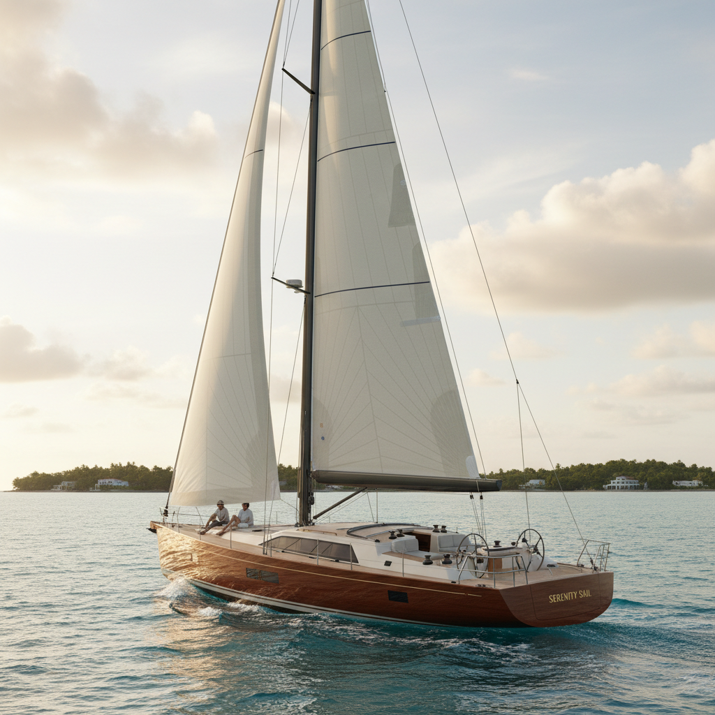 Classic sailing yacht Serenity with white sails near Marbella coastline