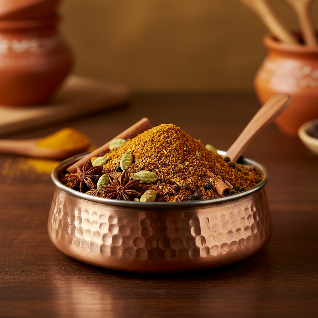 Aromatic garam masala spice blend in a small packet with whole spices