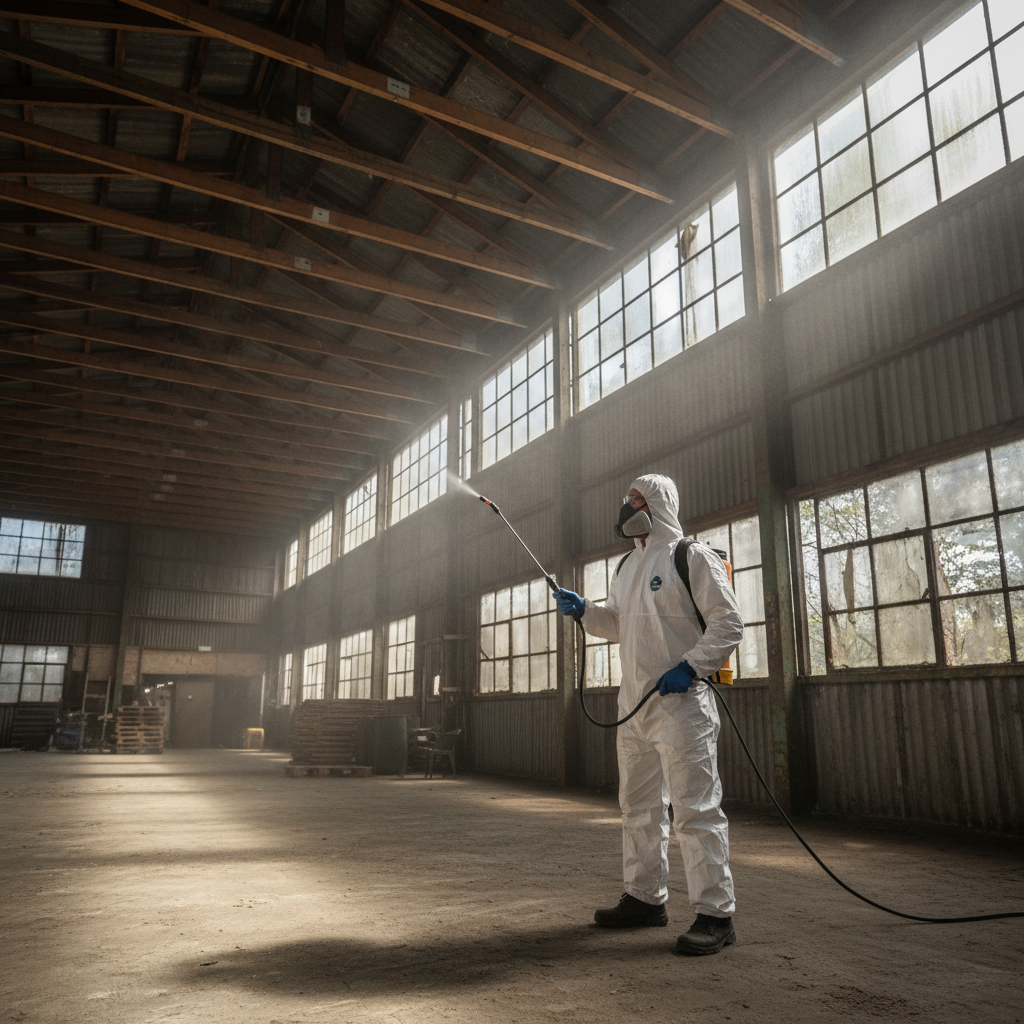 Funmi Adeyemi, Field Technician, applying termite treatment to warehouse joists in Lagos mainland