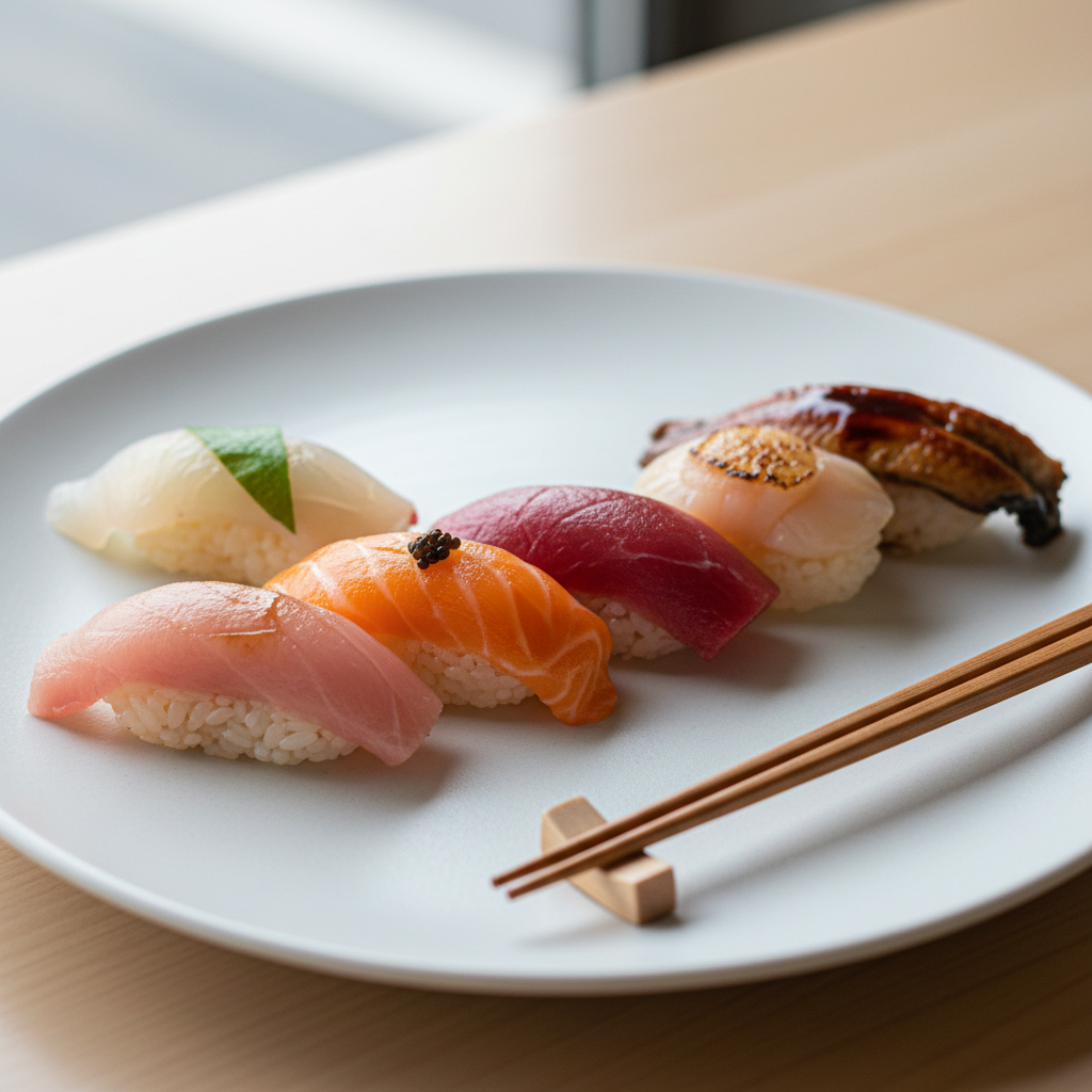 Artfully plated Japanese omakase dish on dark ceramic, vibrant colours against minimal dark background