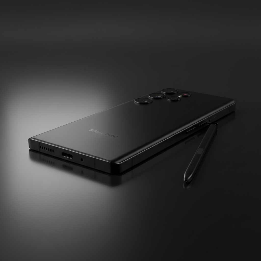 Samsung Galaxy S23 in phantom black, front and back view on dark background