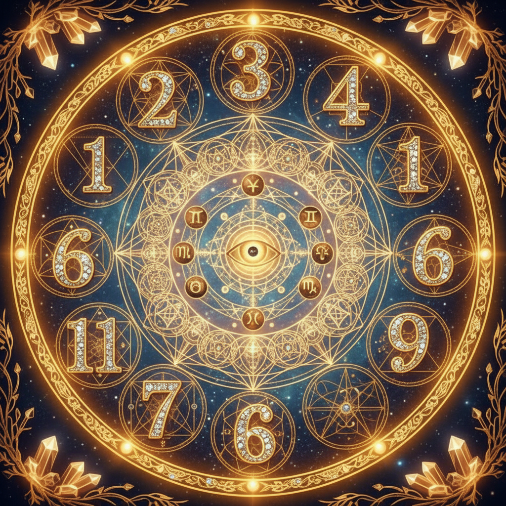 Mystical numerology chart with golden numbers floating in cosmic purple space