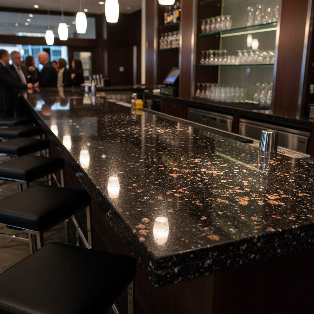 Polished black galaxy granite commercial bar top installation in upscale restaurant with overhead pendant lighting reflecting in stone surface