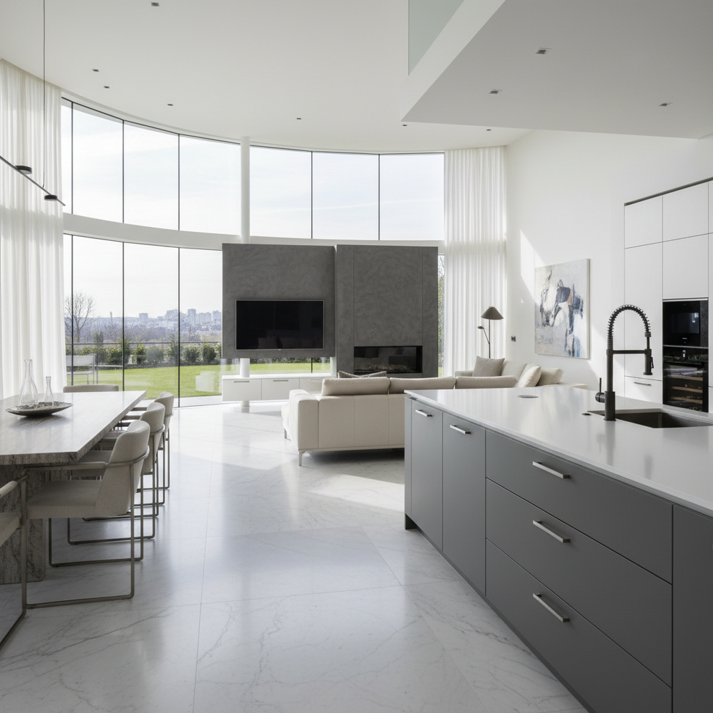 Modern villa interior with large windows, bright natural light, open airy living space, well-lit contemporary design