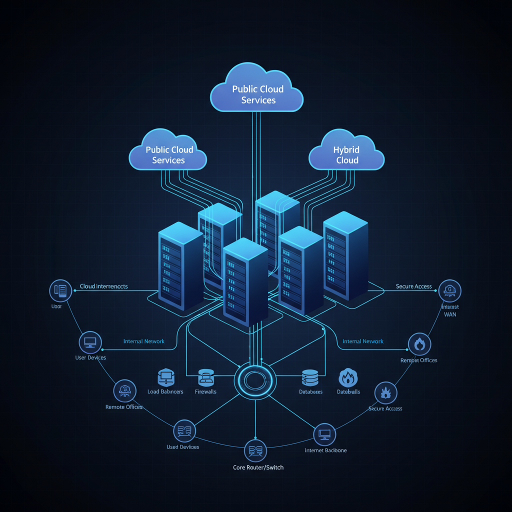 Server infrastructure diagram, dark network topology, blue connection lines, architectural overview